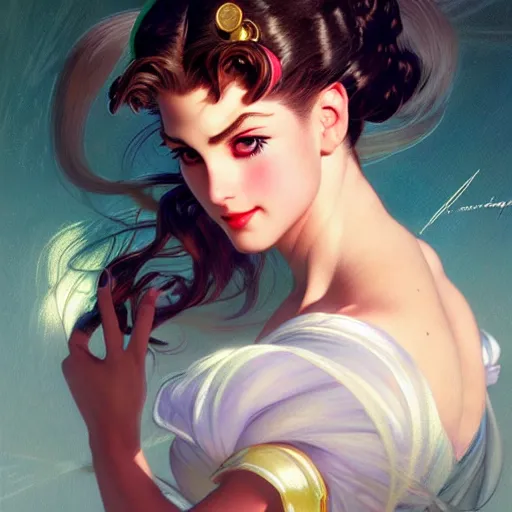 Prompt: head and shoulders Portrait of Sailor Moon, dark fantasy, medium shot, intricate, elegant, highly detailed, digital painting, volumetric light, artstation, concept art, smooth, sharp focus, illustration, art by Gil Elvgren and Greg Rutkowski and Alphonse Mucha