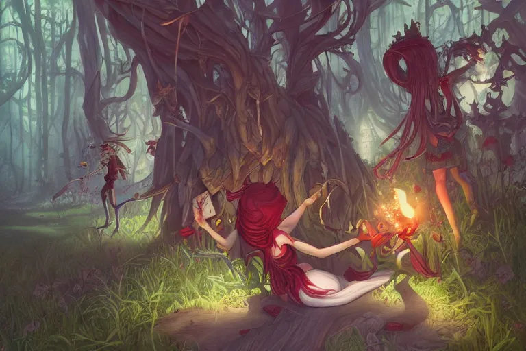 Image similar to forest, american mcgee's alice, sharp focus, artstation, trending, by julie dillon, luis melo, tyler miles lockett, lei jin, hong lei, ken wong, adam narozanski, joy ang