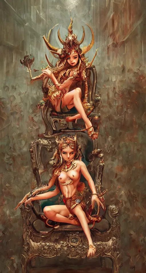 Image similar to a beautiful painting of a demon sitting on top of a chair, a high detailed painting by ram chandra shukla, pixiv contest winner, bengal school of art, detailed painting, maximalist, trending on artstation