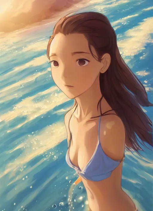 Image similar to girl at a beach, happy, beautiful, finely detailed, made by ross tran, studio ghibli, full body portrait, illustration, shinny water, shinny sand, sunny, anime, front view, perfect anime face, realistic face, zoomed out, smooth, blue eyes, high waisted shorts, sharp focus