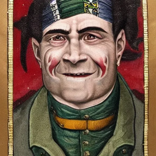 Prompt: 1 9 th century style portrait of a a middle aged half orc with lueish intelligent eyes, wearing a bemused fanged smile on his face. dressed in a patchwork military uniform jacket with cut sleeves, runic arm tattoos, his jacket has many charms and baubles and an upturned collar.