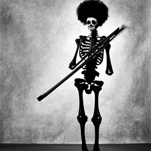 Image similar to portrait photograph, Realistic Skeleton wearing an afro wig and playing the violin