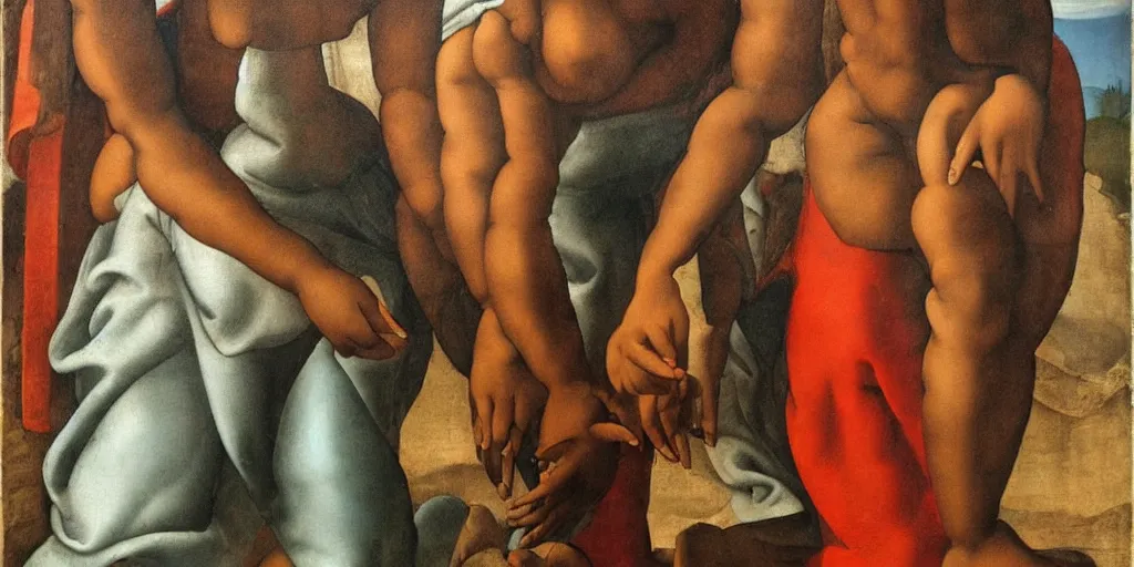 Image similar to Michelangelo painting of an African woman holding hands with a white woman