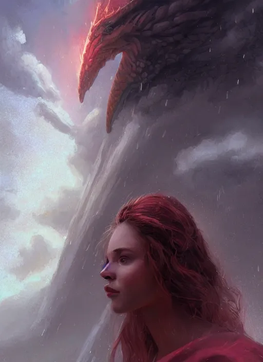 Prompt: a realistic detail portrait of a beautiful female angle in heaven, Ragnarok, rainbow bridges raining, thunder, magic, dragon, oil painting by Julian calle, wlop, greg rutkowski, Finnian MacManus, Trending on artstation, red and yellow scheme, 8k, RE Engine