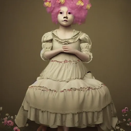 Image similar to 8 k, octane render, realism, tonalism, renaissance, rococo, baroque, cotton candy, portrait of a creepy young lady wearing long 1 9 7 0 s babydoll dress with flowers and skulls