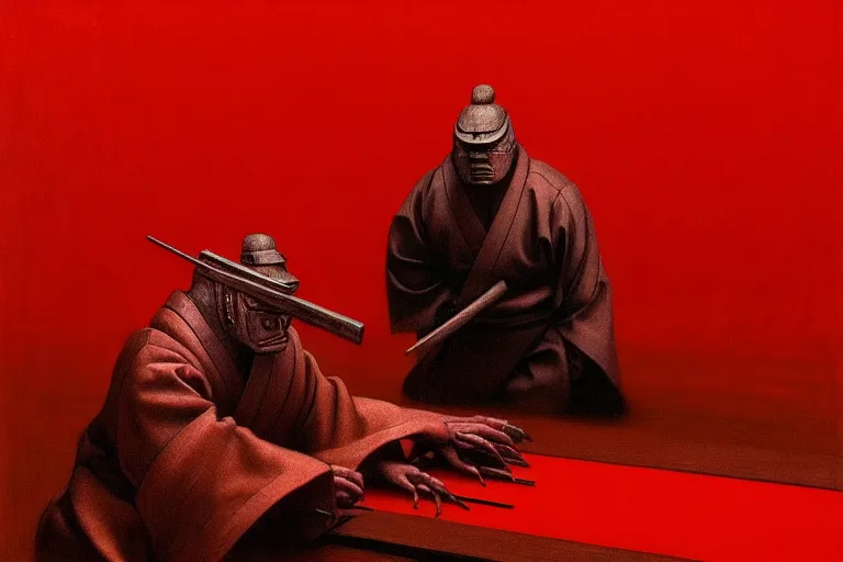 Image similar to only with red, a red samurai do seppuku, tokio, a lot of frogs watch, in the style of beksinski, parts by edward hopper, parts by rodcenko, parts by yue minjun, intricate and epic composition, red by caravaggio, insanely quality, highly detailed, masterpiece, red light, artstation, 4 k