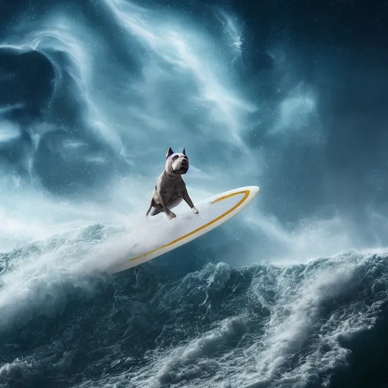 Image similar to photo of a dark gray white coat pit bull with a white paws, surfing on a surfboard in a crashing wave of alien ocean in space, background is an alien galaxy, aliens in the background, alien colors, octane render, unreal engine, wide view, 8 k, high detaild