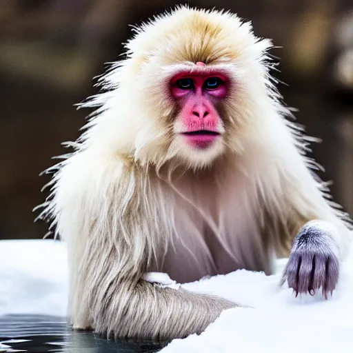 Prompt: An enlightened Japanese Snow Monkey during heavy though in a hot spring