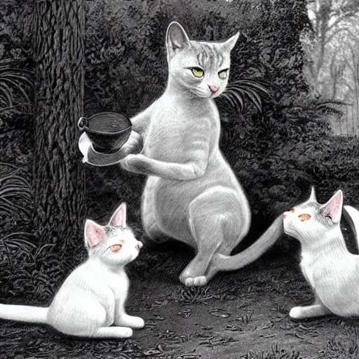 Image similar to 2 cats playing in the garden, one of them is white, by Timothy Burton, Cinematic