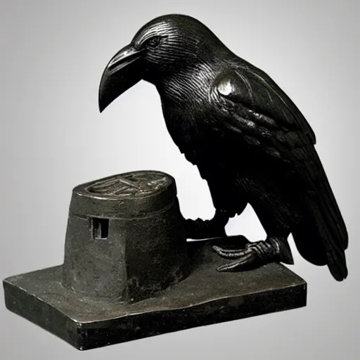 Image similar to sculpture of a black crow on a socket with celtic carvings