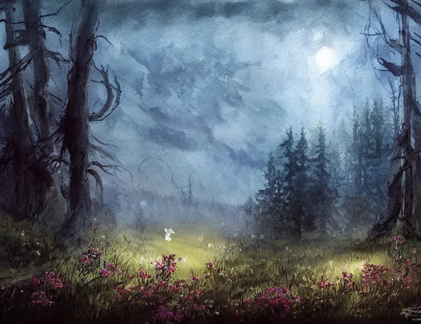 Prompt: midsummer night in a russian fairytale. color ink wash by award - winning concept artist. backlighting, chiaroscuro, field of depth.