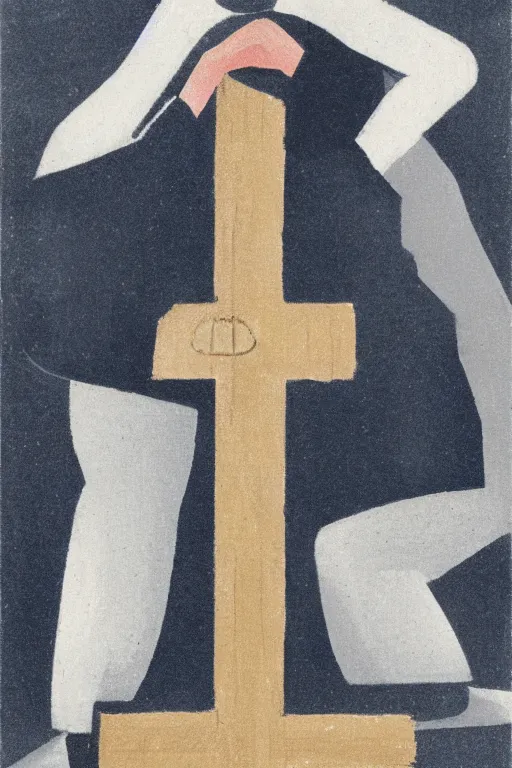 Image similar to man kneeling on the ground in front of a wooden cross, 1960’s minimalist advertising illustration, painterly, expressive brush strokes