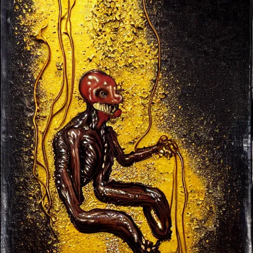 Prompt: realistic coubert dark hi-tech sci-fi lab at night, realistic full body oil painting of hideous and sick shiny black onyx skin human exposed guts crawling in two legs and dripping golden metalic fluid from intestine into a pool of golden liquid on the floor. Smokey atmosphere