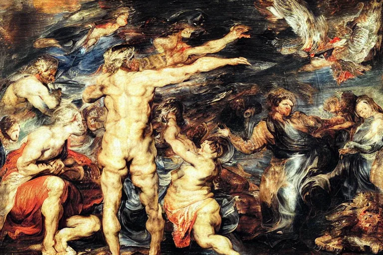 Prompt: Prometeus gifting art to humankind by Rubens and Delacroix, oil painting, glitch art