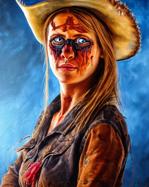 Image similar to oil painting portrait of scarred cowgirl with with burning glowing eyes, high production value, intricate details, high resolution, hdr, high definition, masterpiece, realistic, ultrarealistic, highly detailed, hd, sharp focus, non blurry, sharp, smooth