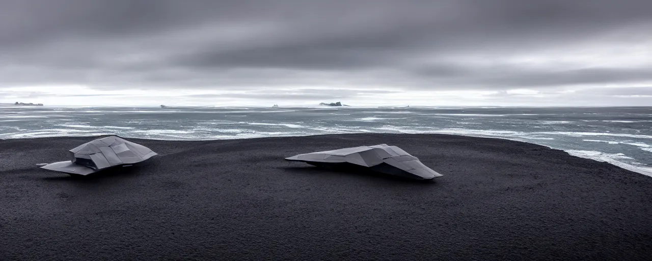 Image similar to cinematic shot of giant symmetrical futuristic military spacecraft in the middle of an endless black sand beach in iceland with icebergs in the distance,, 2 8 mm