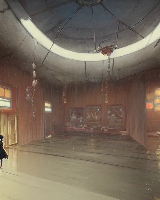 Image similar to a highly detailed epic cinematic concept art CG render digital painting artwork: Spirited away bathhouse . By Greg Rutkowski, in the style of Francis Bacon and Syd Mead and Norman Rockwell and Beksinski, open ceiling, highly detailed, painted by Francis Bacon and Edward Hopper, painted by James Gilleard, surrealism, airbrush, Ilya Kuvshinov, WLOP, Stanley Artgerm, very coherent, triadic color scheme, art by Takato Yamamoto and James Jean