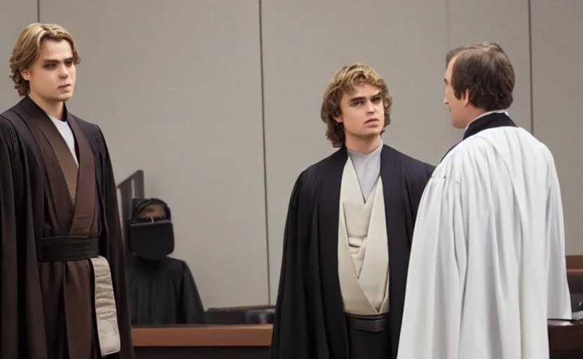 Image similar to anakin skywalker in jedi robes talking to saul goodman in a suit in court, us court, better call saul scene 1 0 8 0 p, court session images, realistic faces