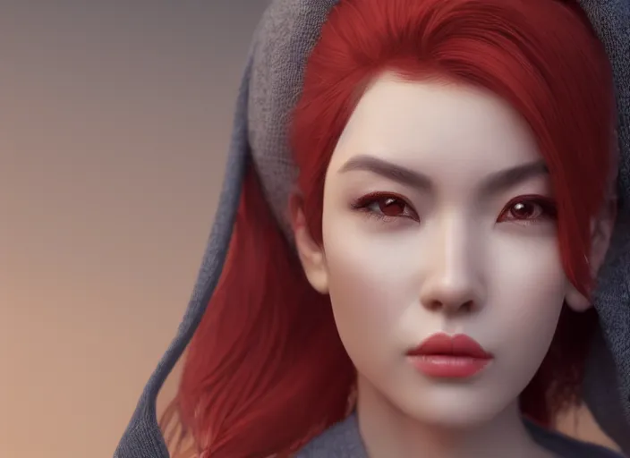 Image similar to stunning render portrait of a beautiful oriental woman with red hair wearing a hat, her eyes are green. 4 k, daz, octane, zbrush, maya, 8 k, artstation.