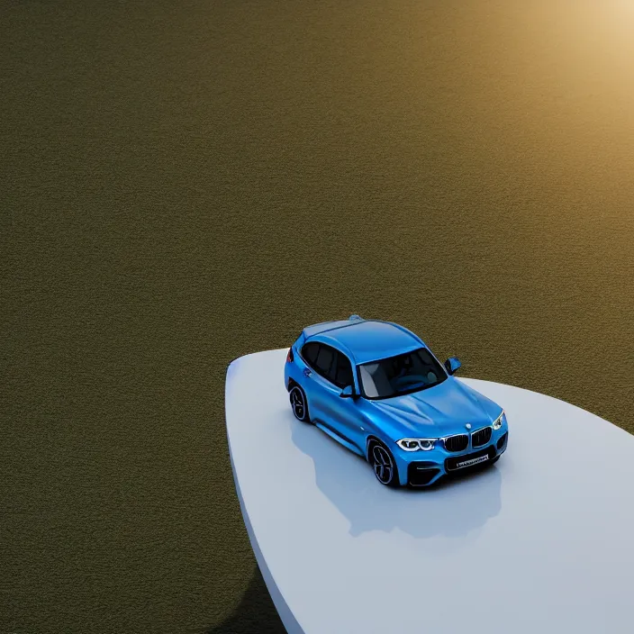 Prompt: a miniature of a blue BMW X3 on a white table at sunset, godrays, calm, relaxing, beautiful landscape, octane render, unreal engine 5, 4k, complementary colours, high quality, highly detailed, view from above, low contrast