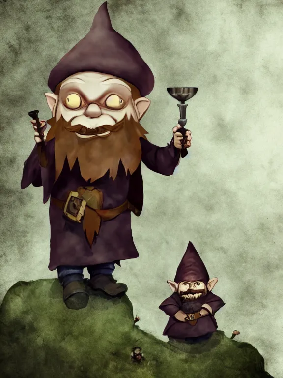 Prompt: tiny evil alchemist gnome, brown tuffle coat, evil smile, flasks in hands, dnd, deforested forest background, grimdark, abstract, matte painting, by midjourney