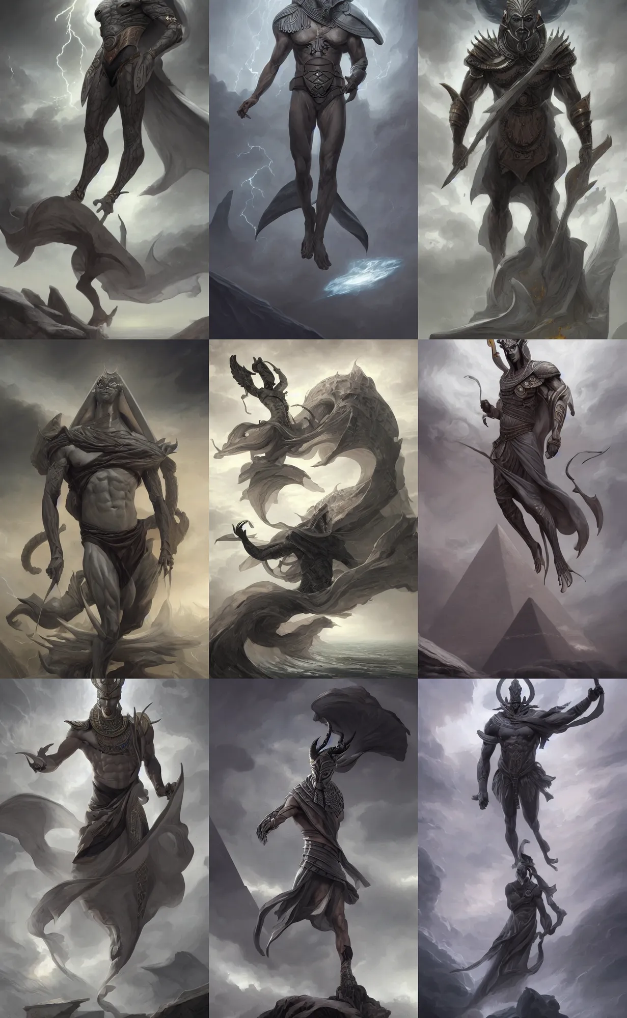 Prompt: grey skin, storm egyptian god, king, male, dark clouds, full body shot, highly detailed, digital painting, artstation, concept art, sharp focus, illustration, orientalism, art by aleksi briclot and mohrbacher and raphael lacoste and magali villeneuve
