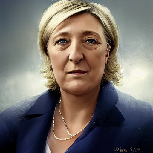 Image similar to Portrait of Marine le Pen , french emperor, heroic, tricolor amazing splashscreen artwork, splash art, head slightly tilted, natural light, elegant, intricate, fantasy, atmospheric lighting, cinematic, matte painting, detailed face, by Greg rutkowski