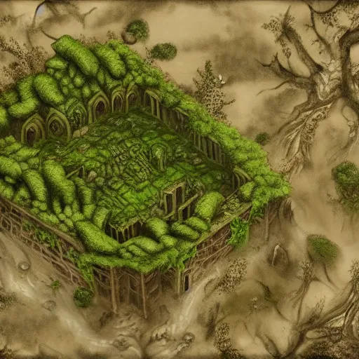 Image similar to , dnd dungeon map of giant ancient castle in an forest with some ivy plants on the walls, cinematic, epic, dramatic lighting from above, dark, vines, fantasy, dust, unreal engine, octane, highly detailed, concept art, dark, super realistic,