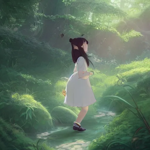 Image similar to concept art painting of a chubby white rabbit wearing a turquoise dress, in the deep forest, realistic, detailed, cel shaded, in the style of makoto shinkai and greg rutkowski and james gurney