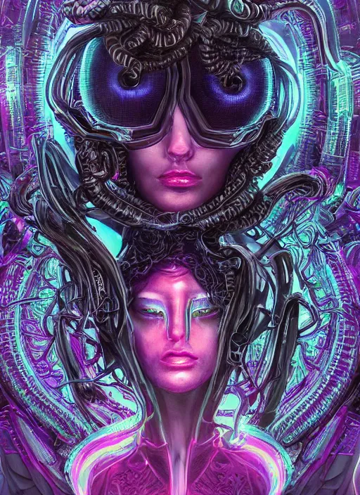 Image similar to ultradetailed ornate cyberpunk sci-fi RPG character illustration of a beautiful symmetric Medusa radiating a majestic glowing aura, intricate smooth fantasy digital painting, concept art, sharp focus, deep neon-noir tones, 3d rim light, Kodakchrome, hyperrealistic, photorealistic, artstation, cgsociety