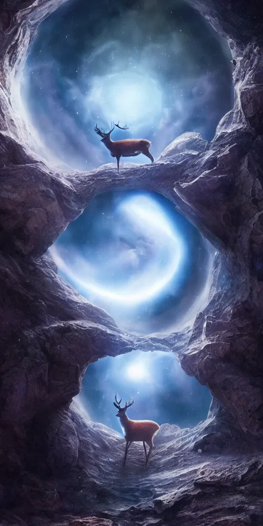 Prompt: a deer peering into a giant portal into the universe in the shape of a keyhole to the nebulae and galaxies, beautiful matte painting by weta workshop 4 k, cinematic dramatic atmosphere, dramatic lighting, trending on artstation
