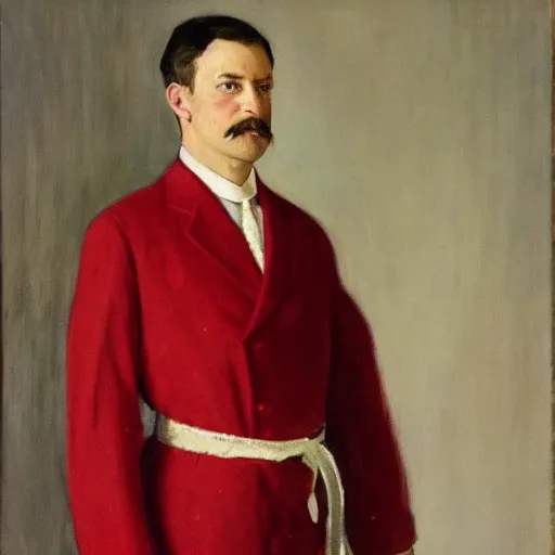 Prompt: the honorable duke, a 5 0 year old man in traditional german noble attire, red and white belt on top of his suit, oil on canvas, 1 9 0 5