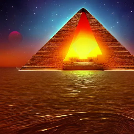 Image similar to ancient pyramid in the middle of the sea, retrowave epic art, trending on art station