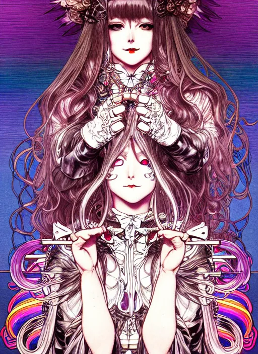 Image similar to highly detailed terada katsuya artstation manga poster of cat girl mechine, rainbow gradient reflection, ayami kojima, long hair, armor, dress, laces, ruffles, 8 k, maximalist, takato yamamoto, alphonse mucha