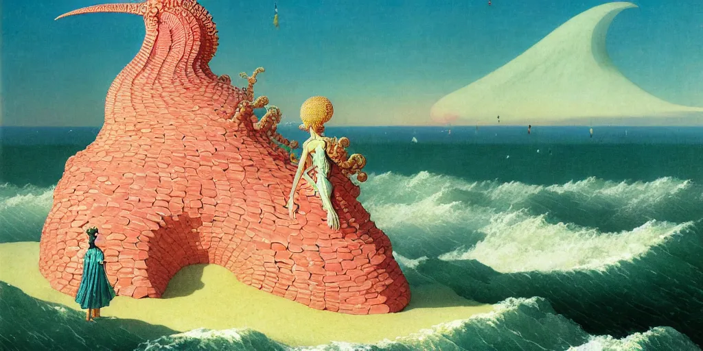 Image similar to the ammonite sorceress clad in coral armor exacts revenge on the child's sand castle send wondrous waves of destruction onto the irreverent land by kawase hasui, dorothea tanning, moebius, edward hopper and james gilleard, aivazovsky, zdzislaw beksinski, steven outram colorful flat surreal design