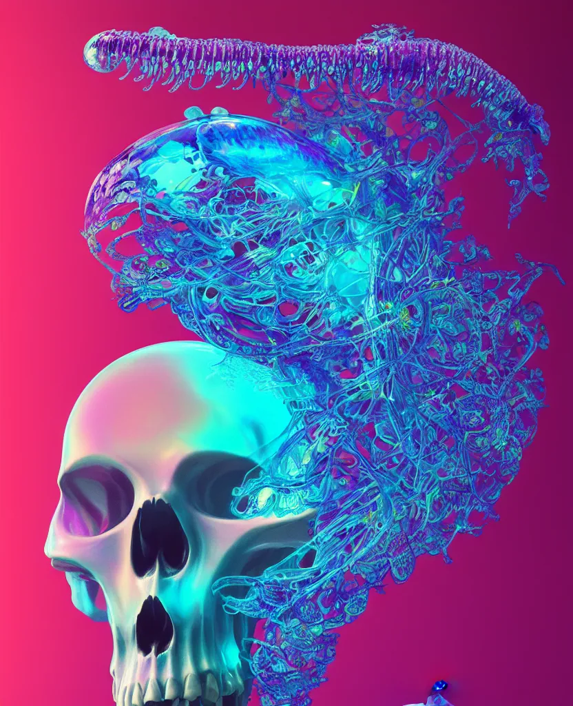 Image similar to close-up portrait of skull dichroic orchid jellyfish skull, betta fish, bioluminiscent creatures, intricate artwork by Tooth Wu and wlop and beeple. octane render, trending on artstation, greg rutkowski very coherent symmetrical artwork. cinematic, hyper realism, high detail, octane render, 8k
