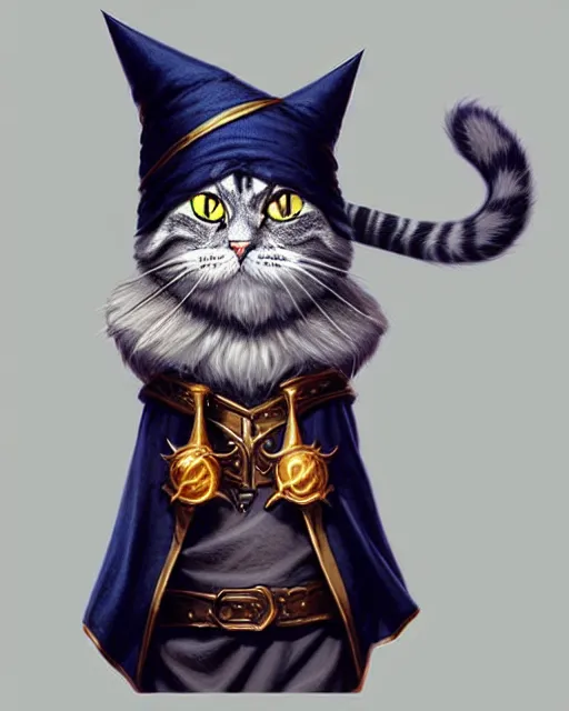 Prompt: A wizard cat, wizard hat, bearded, cat shaped staff, highly detailed, sharp focus, art by Artgerm and Greg Rutkowski and WLOP