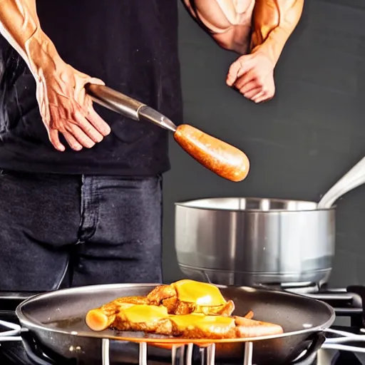 Prompt: Photo of a bodybuilder having a fit in the kitchen, slamming the frying pan onto the stove, eggs and sausage flying into the air.