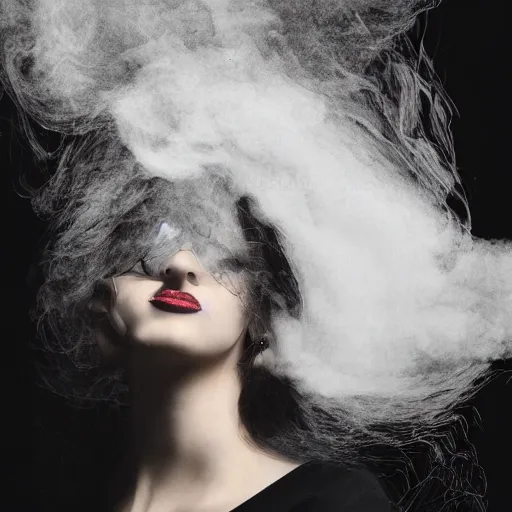 Prompt: full shot of a woman made from white smoke, hair made from black ink fluid in oil, style of roset conrad macrophotography