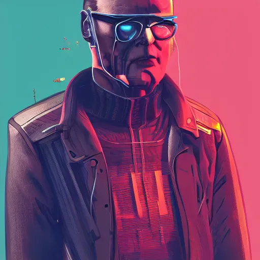 Image similar to cyberpunk mikhail gorbachev as the leader of a futuristic communist nation, cybernetics, sharp lines, digital, artstation, colored in