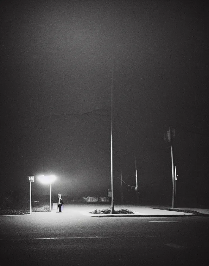 Image similar to “ quiet american neighborhood at night, a woman waiting with a black umbrella, photography in the style of gregory crewdson, mist, rule of thirds ”