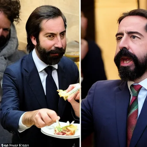 Image similar to pablo iglesiasn on the left, and santiago abascal on the right sharing a kebab in the houses of parliament