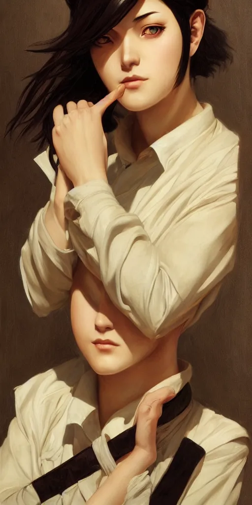 Image similar to Mikasa Ackerman, oil on canvas, ArtStation, by J. C. Leyendecker and Edmund Blair Leighton and Charlie Bowater