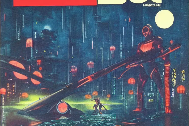 Prompt: 1979 OMNI Magazine Cover of an argonian mage in neo-tokyo style by Vincent Di Fate