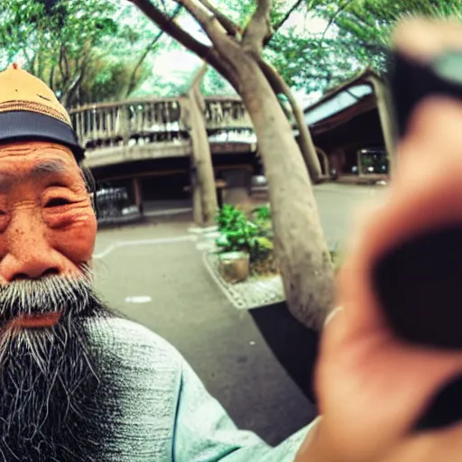 Image similar to Fisheye selfie of an old japanese man with long beard, extreme fisheye