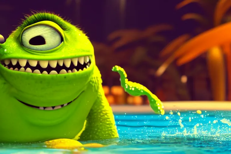 Image similar to diorama of mike wazowski swimming in a giant pool of gatorade, setting is bliss wallpaper, realistic, 4 k, detailed, atmospheric, cinematic lighting, octane render, unreal engine render, ray tracing lighting