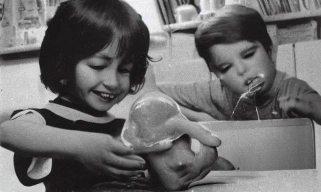 Image similar to kid playing with slime monster, realistic, toy commercial photo, photo from the 80s