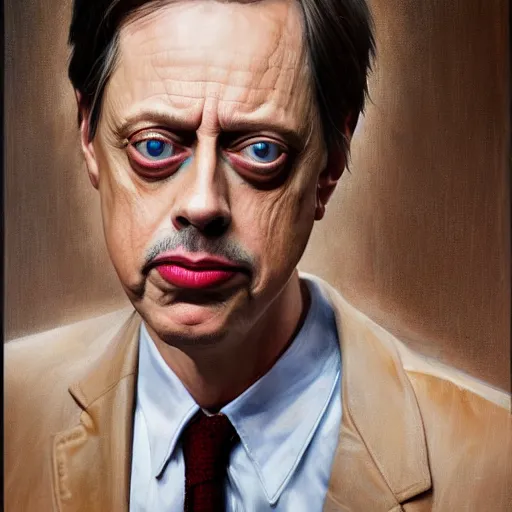 Image similar to hyperrealistic mixed media painting of steve buscemi, perfect facial symmetry, dim volumetric lighting, 8 k octane beautifully detailed render, post - processing, portrait, extremely hyper - detailed, intricate, epic composition, brown eyes, highly detailed eyes, realistic eyes, masterpiece, trending on artstation, very very detailed, stunning,