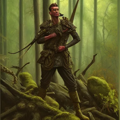 Image similar to male soldier in the forest, by gerald brom!!, D&D, fantasy, intricate, elegant, highly detailed, digital painting, artstation, concept art, matte, sharp focus, illustration