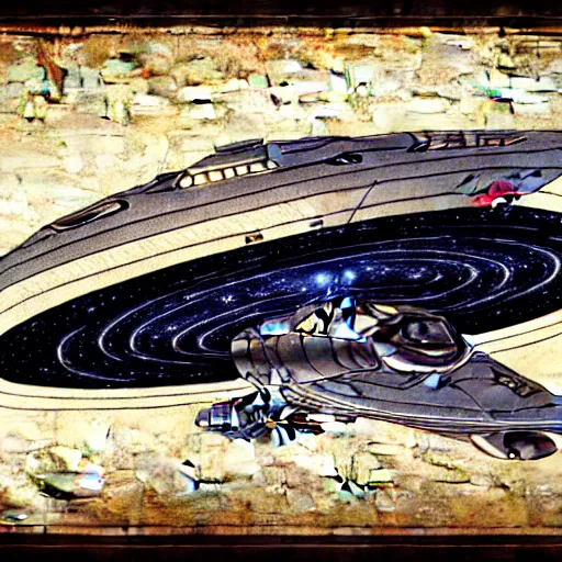 Image similar to design, starship enterprise from star trek, borders, lines, decorations, muted colors, by jean - baptiste monge